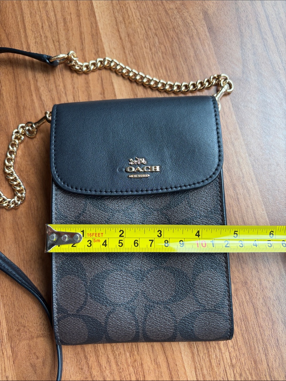 Coach Brown Signature Crossbody Phone Pouch with Gold Chain - Picture 3 of 12